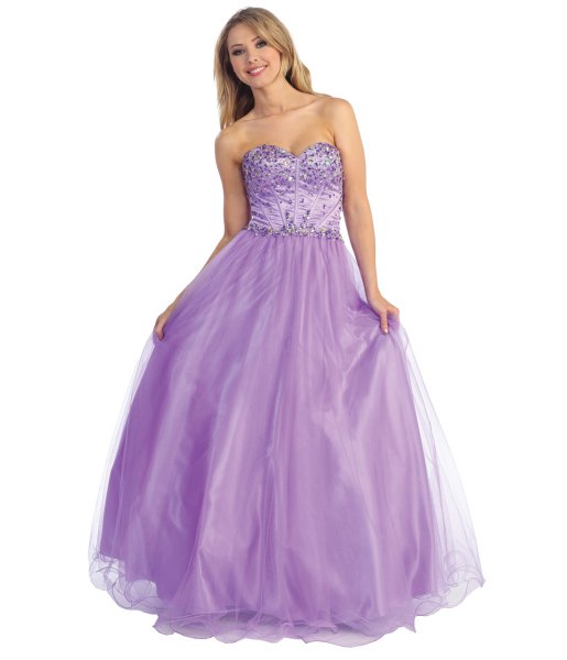 Lavender sequins and tulle match and flare floor length evening dress