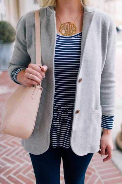 gray sweater blazer with black and white striped t-shirt