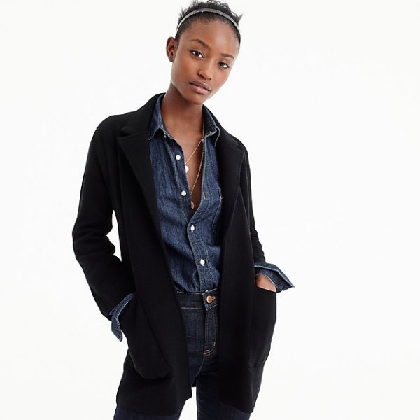 black blazer with blue chambray shirt with button