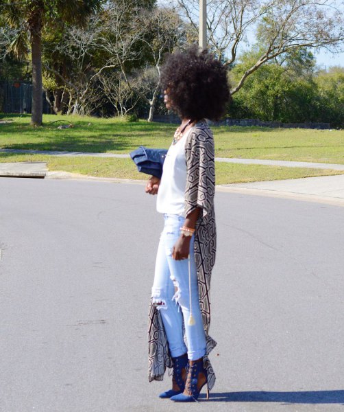 white tank top with maxi tribal printed cape and jeans pocket