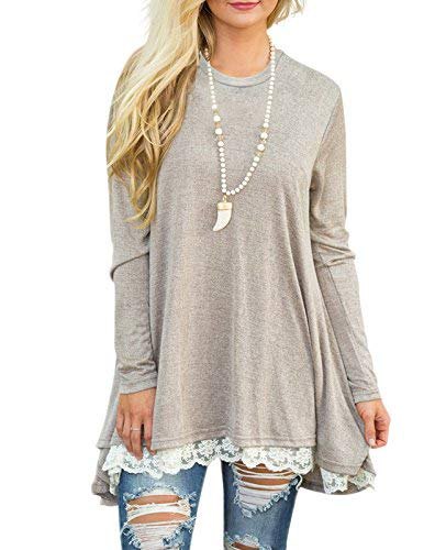 Light gray long sleeve tunic t-shirt with scalloped hem and ripped skinny jeans