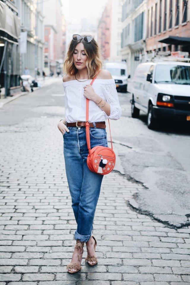 Off the shoulder top with boyfriend jeans