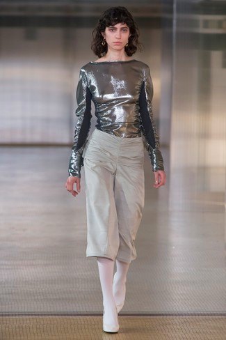Metallic blouse with gray cropped wide-leg pants