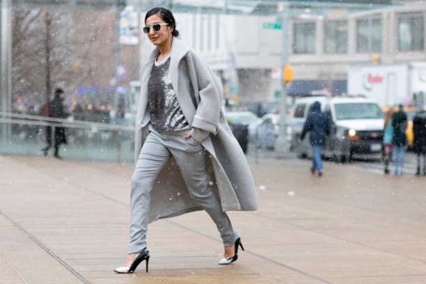 gray long wool coat with silver sequined blouse