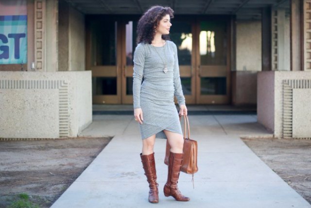 Gray long sleeve bodycon bandage dress with side zip brown leather knee high boots
