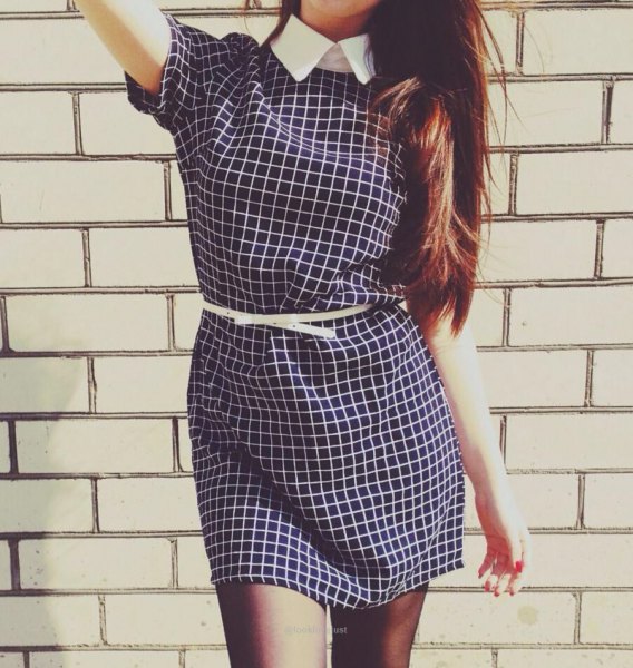 black and white checked short-sleeved mini dress with belt and shirt collar