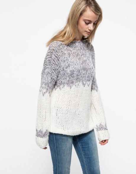 Gray and white marbled block knit sweater