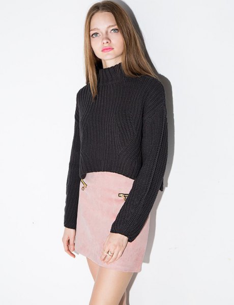 black mock neck sweater pink suede mini skirt