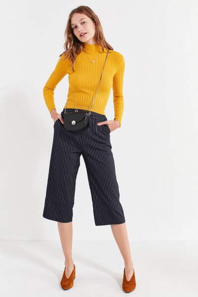 Lemon yellow knit sweater with stand-up collar