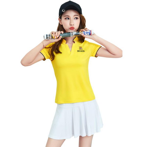 bright yellow slim fit polo shirt with white tennis skirt
