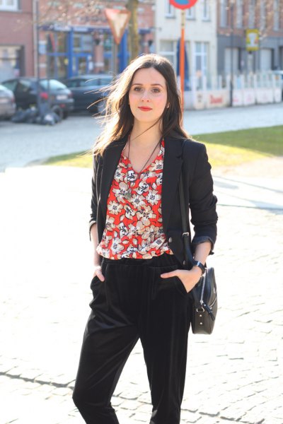 red floral blouse with black blazer