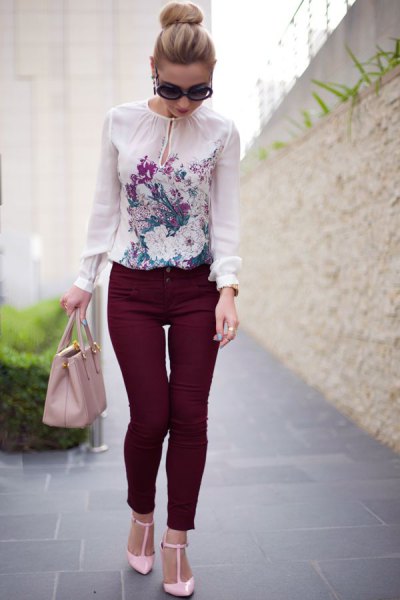white chiffon floral blouse with black drainpipe pants