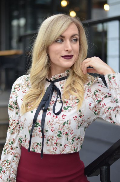 white floral blouse with black bow