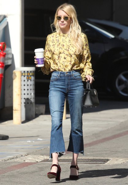 yellow floral blouse and flared cropped jeans