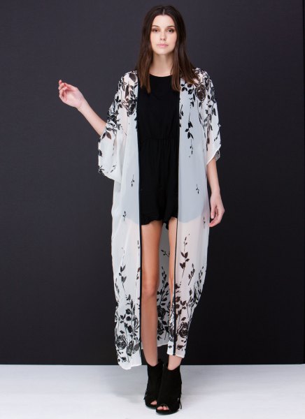 white maxi transparent kimono black mini denim shorts