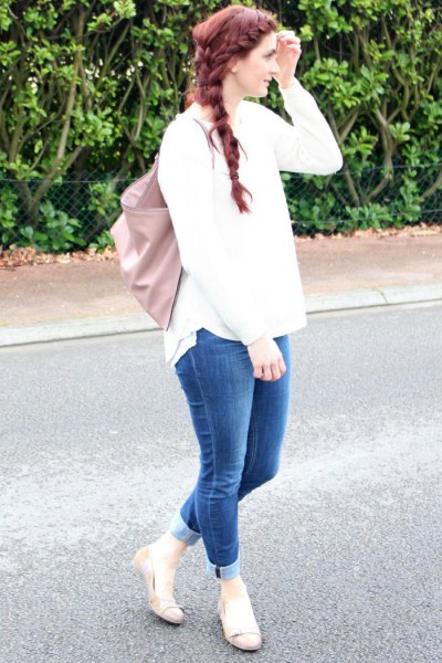 white knit sweater cuffed jeans pink ballet flats