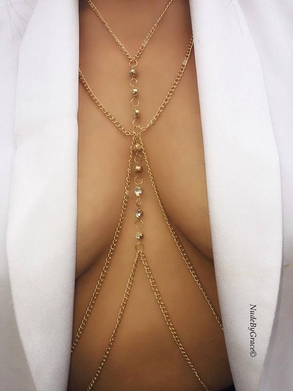 Body chain, body jewellery, bikini body jewellery, gold body chain.