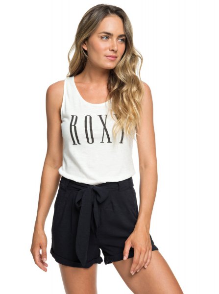 white scoop neck graphic tank top and black shorts