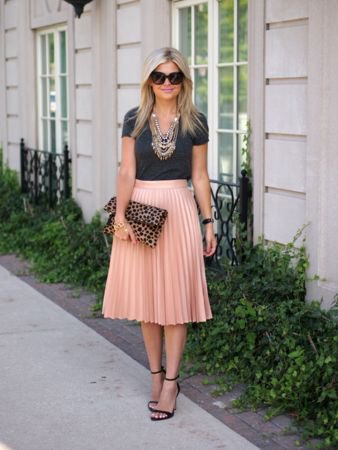 black cropped t-shirt with pink pleated high waist midi skirt