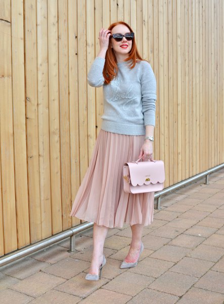 gray turtleneck sweater and pink pleated skirt