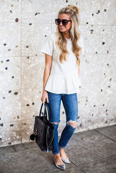 white peplum blouse with ripped jeans and metallic silver pointed flats