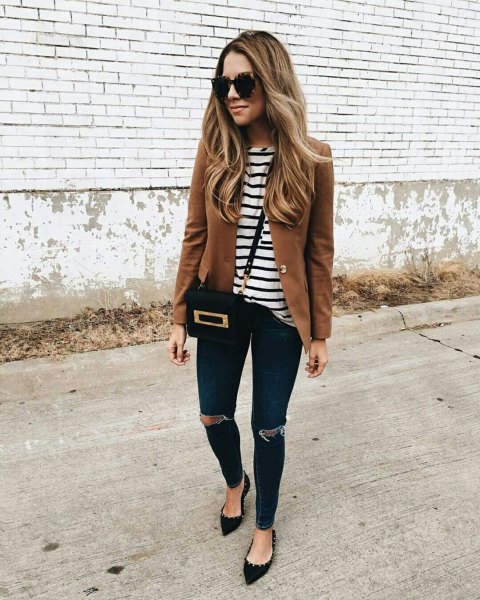 brown blazer with black and white striped t-shirt and pointy flats