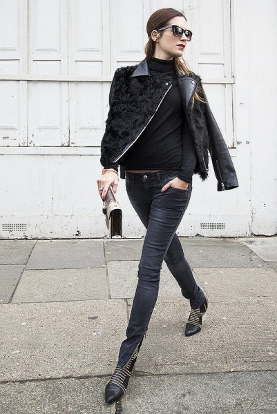 black leather moto jacket with coated skinny jeans