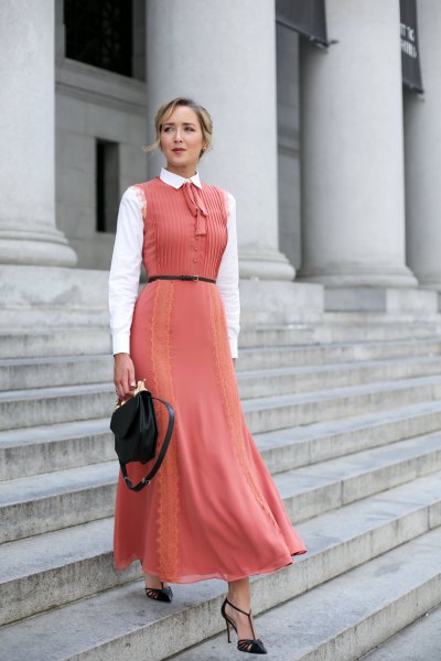 Pleated sleeveless peach lace maxi dress with collared white shirt