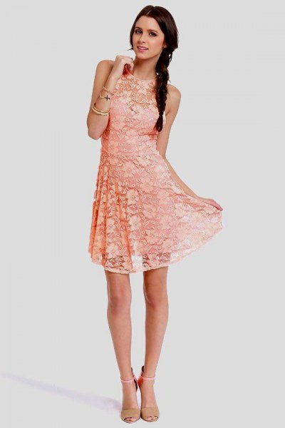 Peach sleeveless lace fit and flare mini dress with blush pink heels