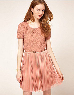 Peach short sleeve lace and pleated chiffon mini smock dress
