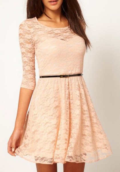 Belted three-quarter sleeves and semi-sheer lace dress