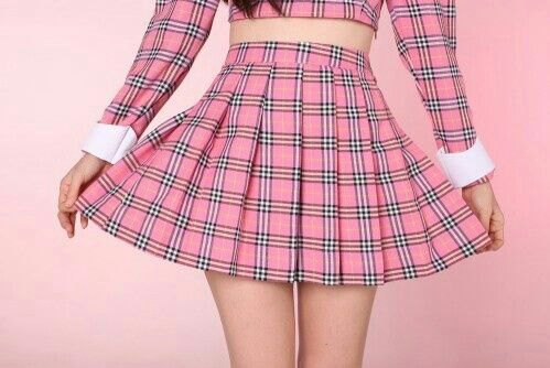 pink and black checked long sleeve top with matching skater mini skirt