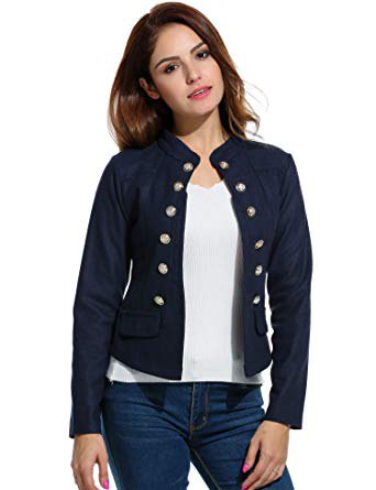 Knitted blazer with black button placket and blue skinny jeans