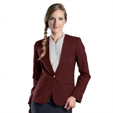 Burgundy blazer paired with a blush pink collarless blouse and black pencil skirt