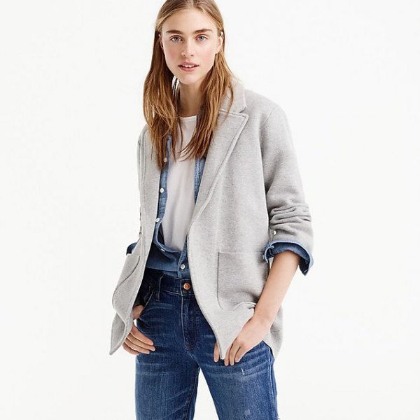 gray blazer with chambray shirt and blue jeans