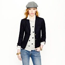 gray polka dot sweater with black knitted blazer and blue jeans