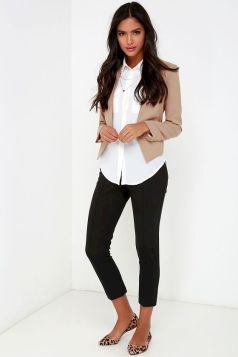 blush pink cropped blazer worn with white shirt and black jeans