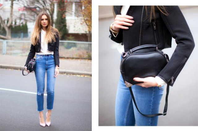 black cropped blazer with white chiffon shirt and blue jeans