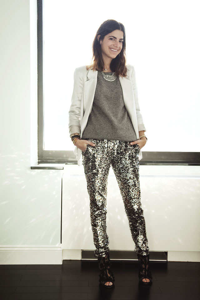 Gray sweater with sequin leggings