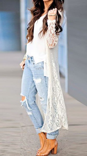 white crocheted maxi cardigan with blue boyfriend jeans