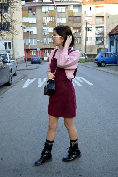 pink sweater leather boots outfit