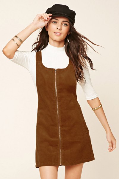brown corduroy dress with front zip closure