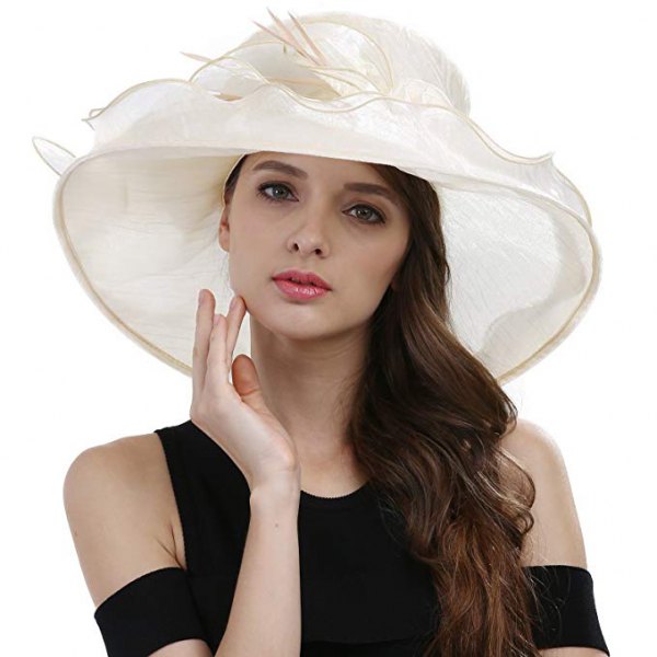 black cold shoulder midi shift dress and white feather church hat