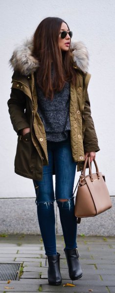 Brown faux fur hooded longline bomber jacket and ripped skinny jeans