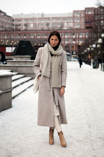 gray maxi long winter wool coat with white slit maxi dress