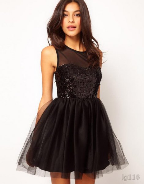 Black Semi Sheer Sequin Tulle Mini Tutu Dress