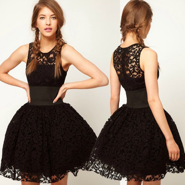 black lace fit and flare mini tutu dress