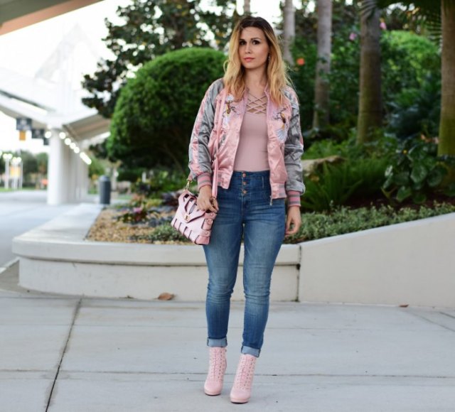 blush pink embroidered bomber jacket with crossed top