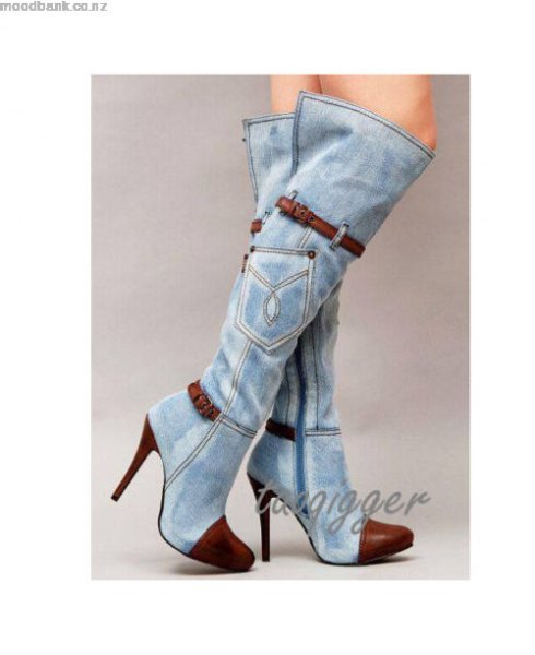 high-heeled, knee-high denim boots with mini dress