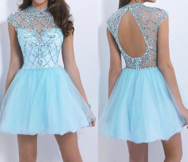 Mini fit open back light blue and silver flare dress